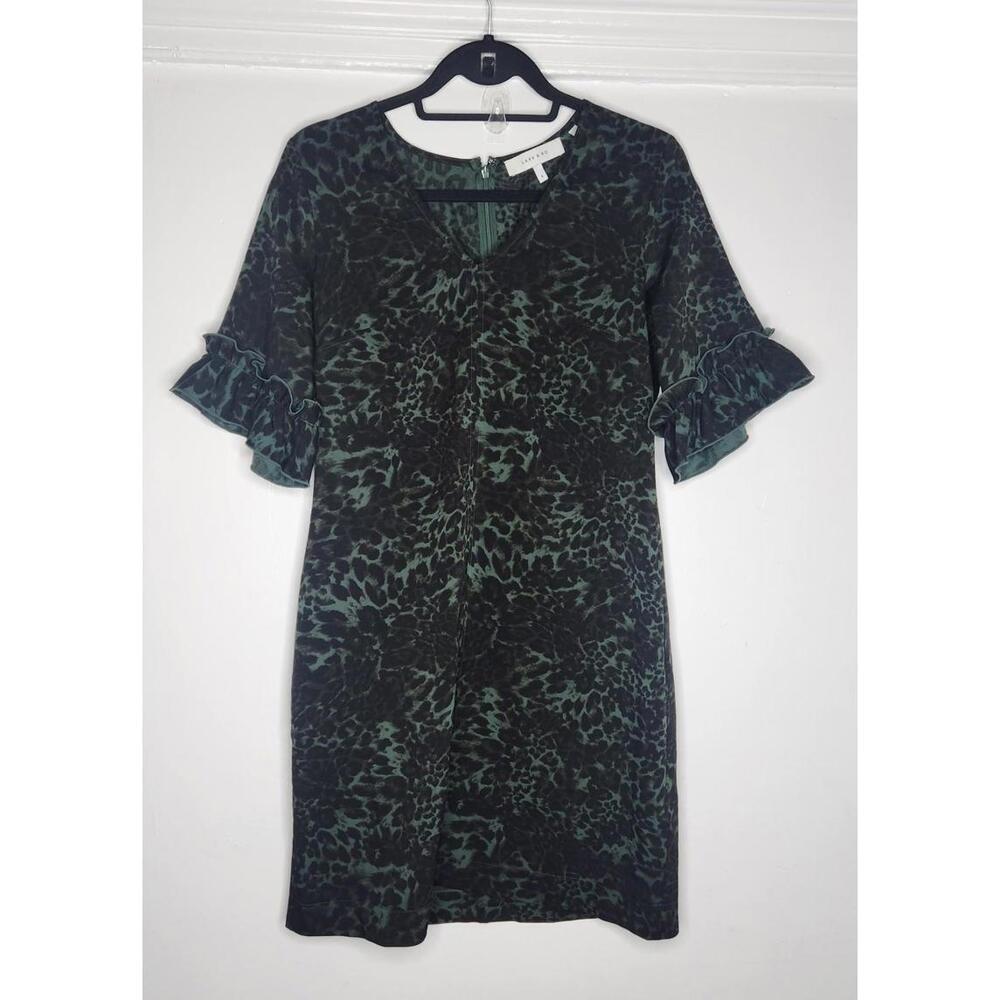 Lark & Ro Dress Sheath Womens 4 Green Black Animal Print Ruffle Sleeve V Neck